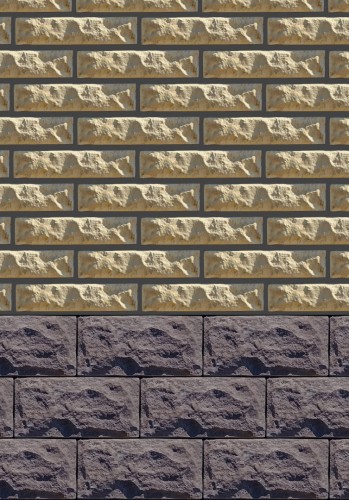 Фасад: Песочный рваный кирпичик. Цоколь: Темно-коричневый рванный камень.